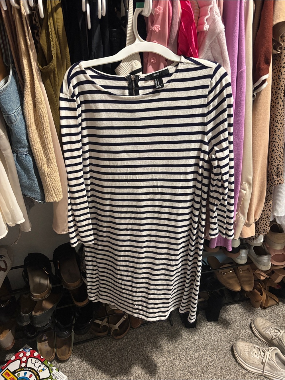 Forever 21 Navy and White Striped Long Sleeve Boatneck Dress